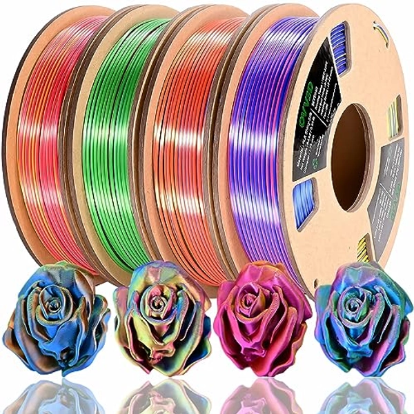PLA Filament 1.75mm, Tri-Colors 3D Printer Filament, Rainbow PLA Filament Bundle, Coextrusion 3D Filament with Silk PLA Color Change, 3D Printing Filament +/-0.02mm, 200g X 4 Spool