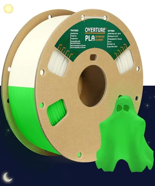 OVERTURE Glow PLA Filament 1.75mm 3D Printer Filament, 1kg Spool (2.2lbs), Dimensional Accuracy +/- 0.03 mm, Fit Most FDM Printer (Green (Glow in Dark))