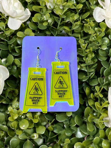 Caution Wet Floor sign Safety Kitsch Earrings Florescent Safety Earrings Slippery when Wet Earrings Drag Jewelry Kitsch Jewelry funny