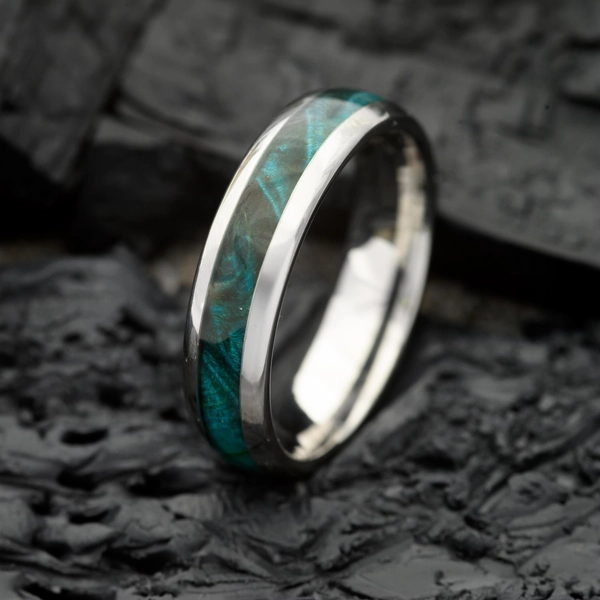 Blue Maple & Silver Tungsten Steel Ring | 6mm | Unique Wedding Band and Gift | Mens and Womens Jewellery | Personalised Engravement