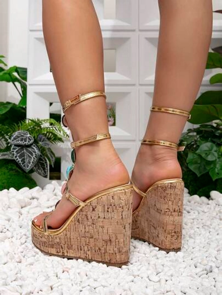 Women's Color Button Decorative Super High Wedge Thick Platform Wedge Sandals