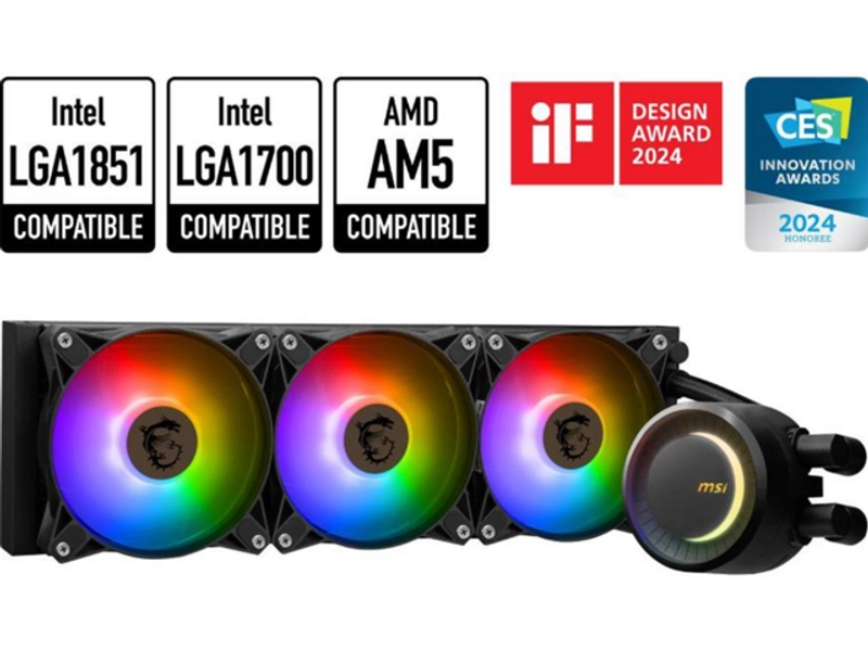 MSI MAG CoreLiquid E360 Black - AIO ARGB CPU Liquid Cooler - Rotating Cap Design - 360mm Radiator - Triple 120mm ARGB PWM Fans - LGA 1851,1700 Ready /