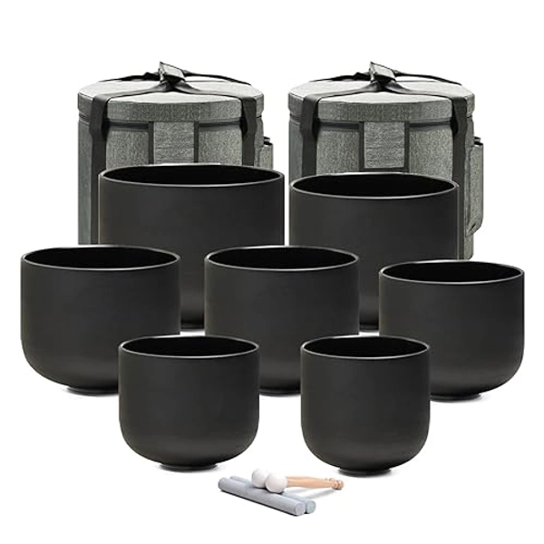 432HZ 6-12 Inch Set of 7 Chakra Black Frosted Quartz Crystal Singing Bowls with 2 Pcs Carry Cases and Suede Mallet
