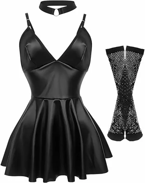 Todetana Sexy Club Women Dress 3 Pcs Set PU Leather Black Party Lingerie Latex Dress Fishnet Stockings Strap Choker