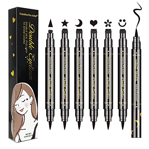 LOKFAR 6 Pcs Double-headed Liquid Eyeliner Stamp Pen Set, Eye Liners for Women Waterproof Eyeliner Pencil Black Eye-liner Stencils Long-Lasting Tattoo Makeup-Triangle, Star, Moon, Heart, Flower, Smiley