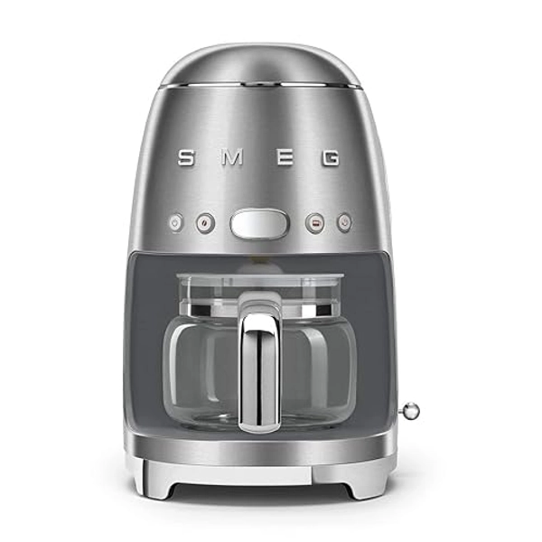Smeg 50's Retro Style Aesthetic Drip Coffee Machine with 10 Cup Glass Carafe, Auto Start Feature, Keep Warm Plate, and Two Coffee Strength Settings (Brushed Stainless Steel)