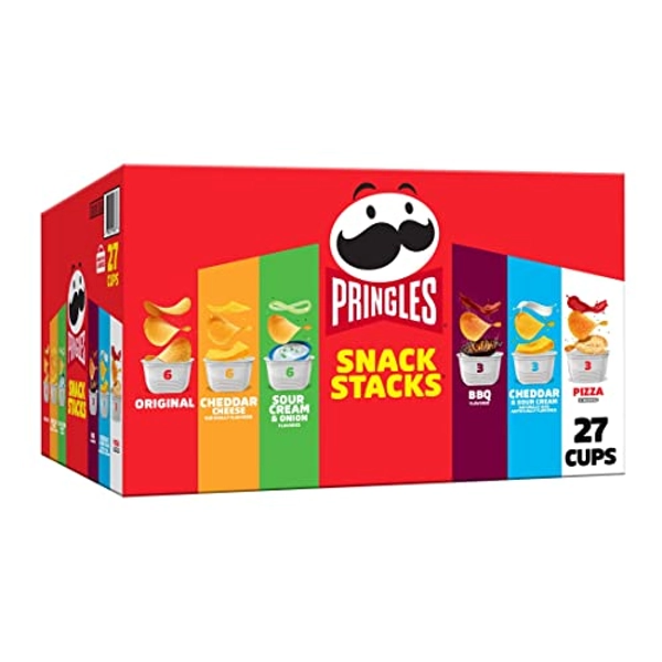 Pringles Snack Stacks Potato Crisps Chips, Flavored Variety Pack, Original, Sour Cream and Onion, Cheddar Cheese, BBQ, Pizza, Cheddar and Sour Cream, 19.5 oz (27 Cups)