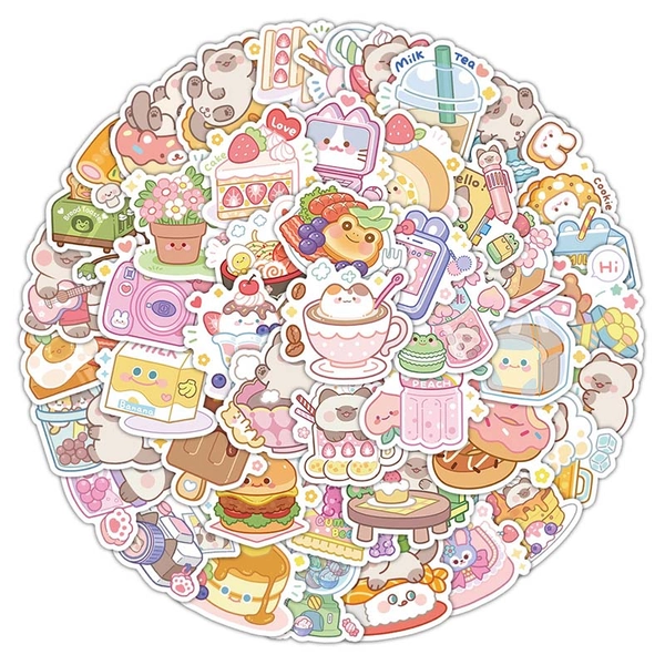 60PCS Kawaii Dessert Stickers Cute Food Art Chibi Cat Rabbit Bear Snack Sticker
