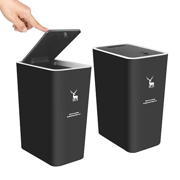 XPIY Trash Can with Lid, 2 Pack 4 Gallons/15 Liters Garbage Can with Press Top, Small Trash Can Dog Proof, Plastic Trash Bin, Waste Basket for Bathroom|Kitchen|Bedroom|Office (2, Black) - Black - 1