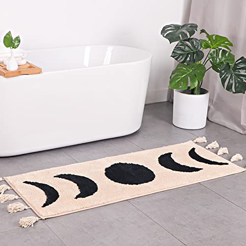 Bohemian Runner Moon Phases Bath Mat with Tassels Half Moon Rugs College Dorm Room Decor for Bathroom Hippie Witchy Area Rug Beige Neutral Creamy Black long 20x60 - Black