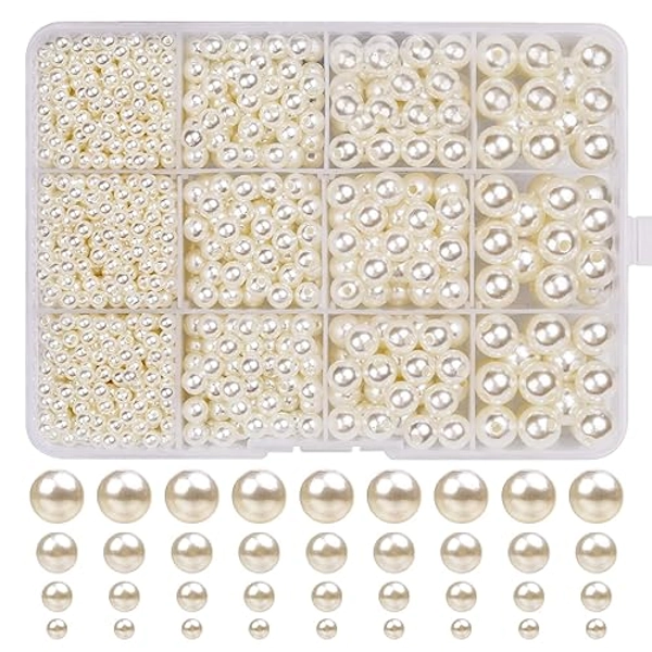 1320 Glasperlen Beige Kunstperle Runde Perlen, Cremeweiß Nachahmung Perlen für Schmuckherstellung Halskette Armbänder Schmuck Basteln(∅ 4, 6, 8, 10 mm)
