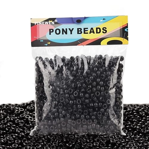 Black Pony Beads(1200Pcs 6x9mm) Hair Beads,Pony Beads Bulk,Beads for Bracelets Making,Beads for Hair Braids (Black)