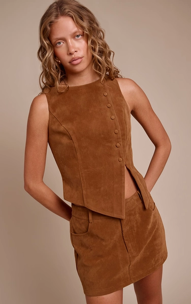 Camel Faux Suede Asymmetric Button Detail Waistcoat