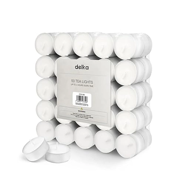 delka 4 Hour Burning Unscented Tea Lights White Pack of 50 (White, 4 Hour 50 Pack)