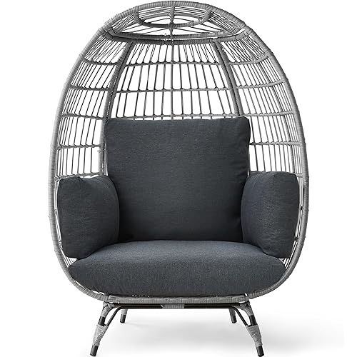 Best Choice Products Wicker Egg Chair, Oversized Indoor Outdoor Lounger for Patio, Backyard, Living Room w/ 4 Cushions, Steel Frame, 440lb Capacity - Gray/Charcoal - Gray/Charcoal - Standard
