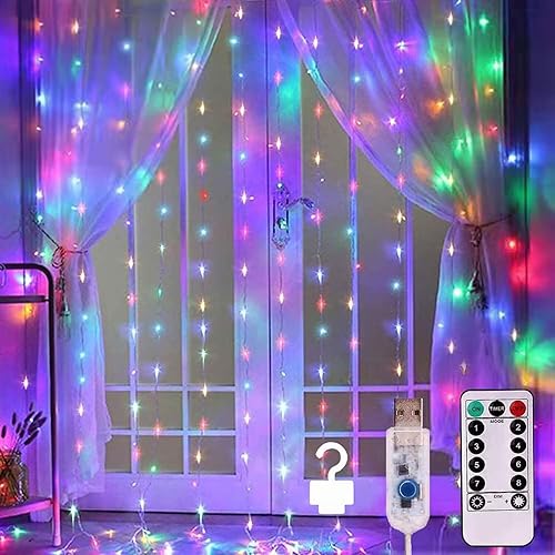 Curtain Lights, String Lights Bedroom, 300 LED 9.8x9.8Ft Twinkle String Light Decorations for Window Wedding Bedroom Wall Party Backdrop, Cute Home Indoor Outdoor Decor String Light Remote Control - Multicolor