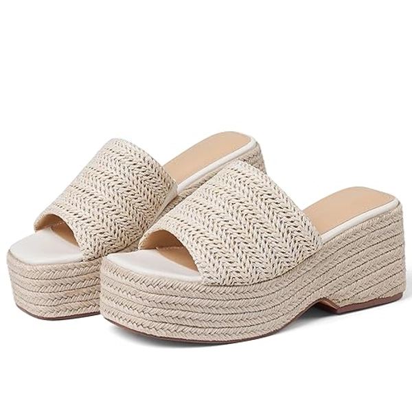 EQAUDES Platform Slip on Espadrille Sandals for Women Wedges Slides Bohemia Sandals Flatform Open Toe Beach Sandals