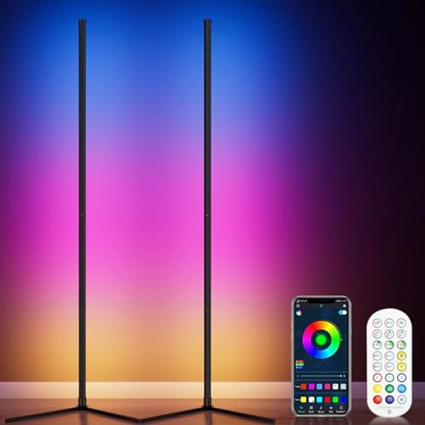 WISIMMALL 2PCS RGB Corner Floor Lamp, 64.5" RGB Color Changing Mood Light Bluetooth APP and Remote Control Music Sync LED 398 Dimmable Modes Modern Floor Lamp for Living Room, Light Timing