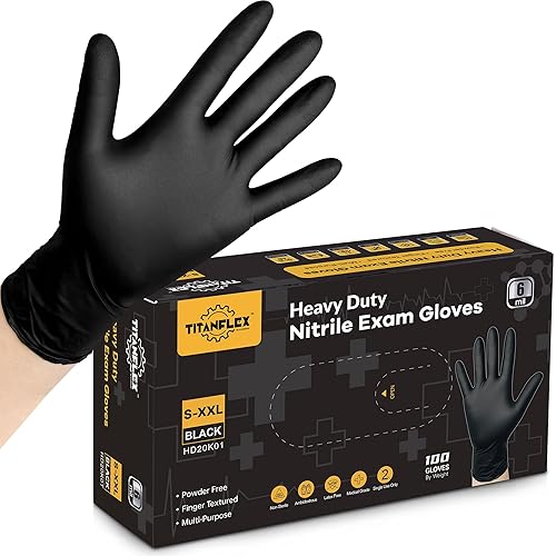 TitanFlex Disposable Nitrile Exam Gloves, 6-mil, Black, Heavy Duty Disposable Gloves, Cooking Gloves, Latex Free, Powder Free - 100 - Small