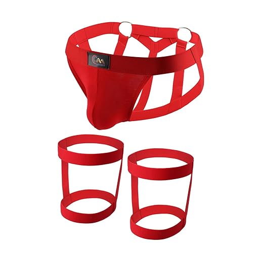 Evankin Men's Underwear Set Hollow out Brief Sexy Low Rise Jockstrap Underpants Athletic Supporter Leg Strap Thong Lingeire - Large - Red