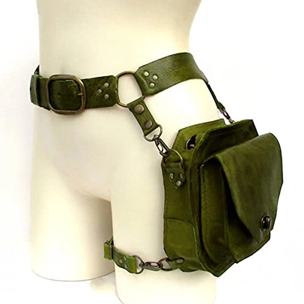 Medieval Steampunk Vintage Waist Belt Bag, Rock Leg Pouch with Adjustable Belt Loop and Zipper for Men Women Outdoor Travelling,Green