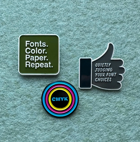 Graphic Design enamel pins. 3 pins for folks who obsess over fonts, color, printing, paper.