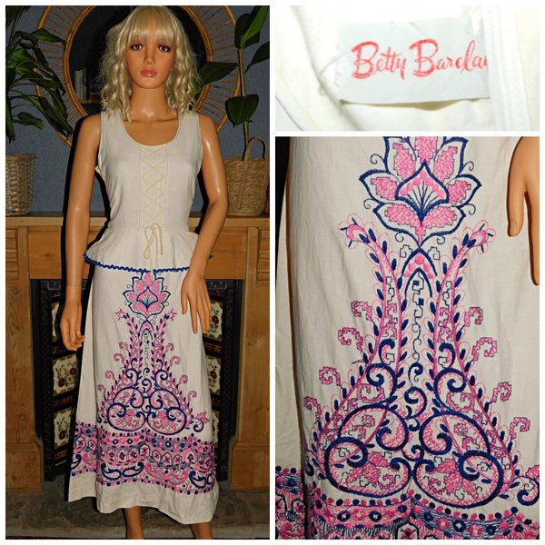 Vintage 70s Cream Pink Purple EMBROIDERED Betty Barclay Bohemian Psychedelic PEPLUM PRAIRIE Midi Dress 10 Boho Folk Hippie Woodstock