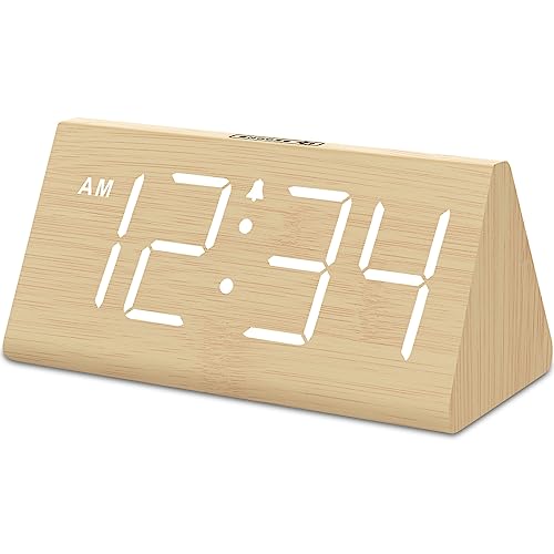 DreamSky Wooden Digital Alarm Clocks for Bedrooms - Electric Desk Clock with Large Numbers, USB Port, Battery Backup Alarm, Adjustable Volume, Dimmer, Snooze, DST, 12/24H, Wood Décor (Bamboo-White) - Bamboo-white