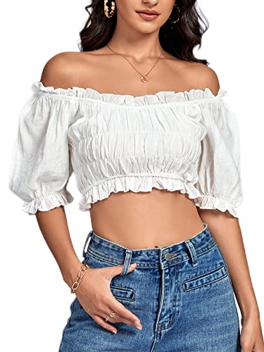 LYANER Women's Off Shoulder Ruffle Trim Ruched Short Sleeve Blouse Crop Top - X-Small - White