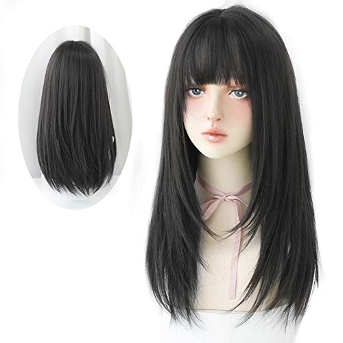HUAISU Long Black Straight Hair Wig with Bangs Synthetic High Density Long Hair Wig for Women - Black