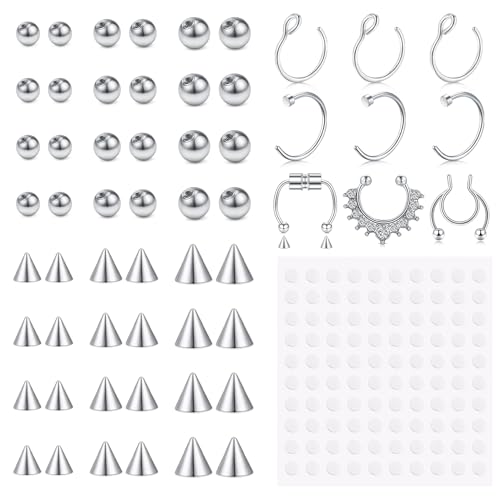 JFORYOU Fake Eyebrow Ring Fake Lip Labret Studs Replacement Balls Spike with 100pcs Sticker Non-Piercing Body Jewelry Fake Skin Piercing - 159pcs Replacement Balls Set