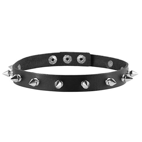 HZMAN Fashion Women Men Cool Punk Goth Metal Spike Studded Link Leather Collar Choker Necklace - 02-Black