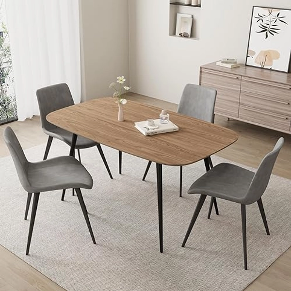 HIPIHOM 55.1'' Dining Table Set for 4,Modern Wood Dining Table,Leather Dining Chairs 4,Table and Chairs Set of 4,Ideal for Kitchen Dining Room (Walnut Color Table + 4 Gray Chairs, 55.1")