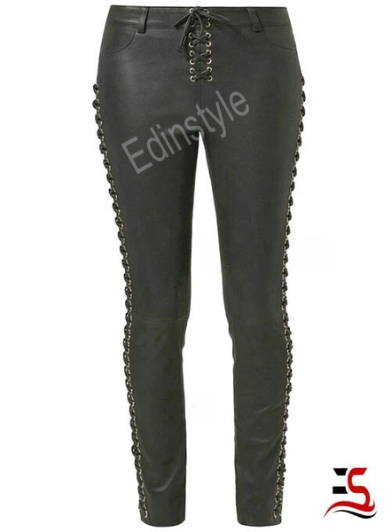 New Hot Style Genuine Sheep Leather Woman Laced Pant Leather Jeans