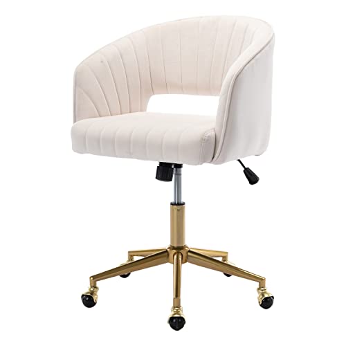 Nrizc Velvet Office Desk Chair, Upholstered Home Office Desk Chairs with Adjustable Swivel Wheels, Ergonomic Office Chair for Living Room, Bedroom, Office, Vanity Study (Beige) - Beige