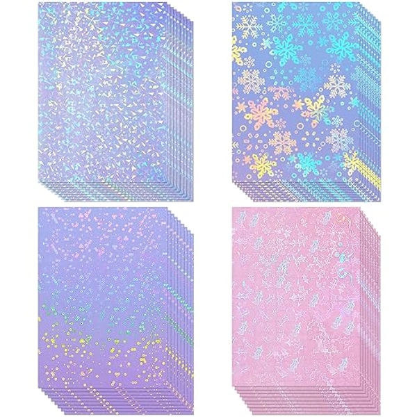 36 Sheets Holographic Sticker Paper Clear A4 Vinyl Sticker Paper Self Adhesive Waterproof Transparent Film Gem Rainbow Star Patterns, 11.7 x 8.3 Inch (Gem, Dot, Snowflake, Bow)
