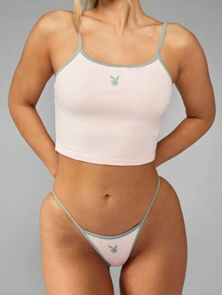 Missguided x Playboy MISSGUIDED Bunny Logo Cotton Blend Cami Crop Top High Cut Thong Underwear Co Ord Label Classic Set Loungewear