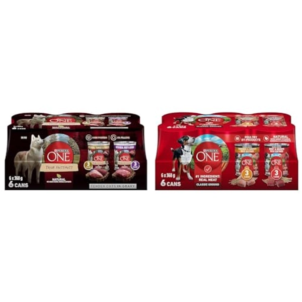 Purina ONE Tender Cuts True Instinct Wet Dog Food, in Gravy Variety Pack 2 Flavours - 368 g Can (6 Pack) & Classic Ground Wet Dog Food, Variety Pack 2 Flavours - 368 g Can (6 Pack)