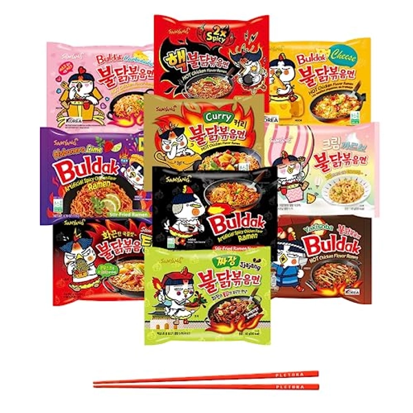 Samyang Buldak Ramen Noodles Variety Pack, 10 Flavors (2X Spicy, Original, Carbo, Cheese, Curry, Stew, Multi Cream Carbo, Jjajang, Habanero Lime & Yakisoba), 4.93 Ounce (Pack of 10), Fire Instant Spicy Noodles Gift Snack Pack with Pletora Chopsticks