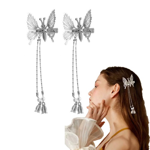 2Pcs Moving Butterfly Hair Clips, Elegant Tassel Butterfly Hairpin, 90s - Silver