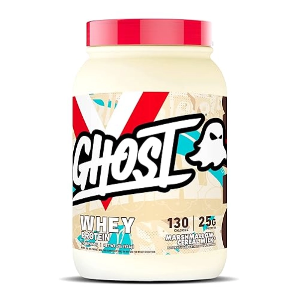 GHOST Whey Protein Powder, Marshmallow Cereal Milk - 2LB Tub, 25G of Protein - Flavored Isolate, Concentrate & Hydrolyzed Whey Protein Blend - Post Workout Shakes - Soy & Gluten Free