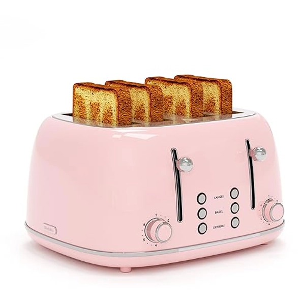 Toaster 4 Slice, Retro Stainless Toaster with 6 Bread Shade Settings,1.5''Wide Slots Toaster with Cancel/Defrost/Reheat Functions,Dual Independent Control Panel, Removal Crumb Tray (Pink)