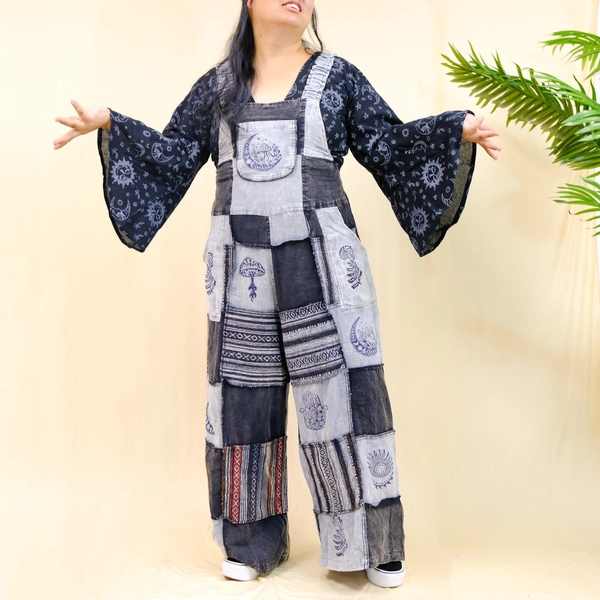 Patchwork Wide Leg Overalls, Hippie Cotton Jumpsuits, Festival Jumper, Block Print Boho Unisex Overalls, Baggy Harem Bohemian Dungarees,