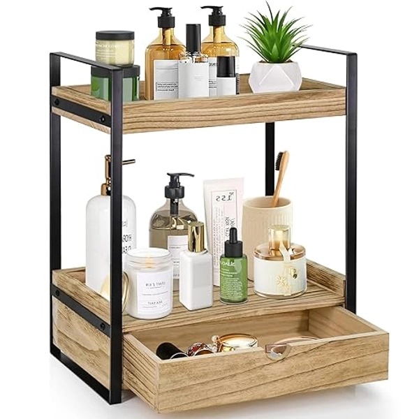 2-Tier Bathroom Organizer Countertop With Drawer, Wood Counter Shelf for Storage, Vanity Tray for Organization and Decor, Countertop Organizer for Kitchen, Office (Brown)