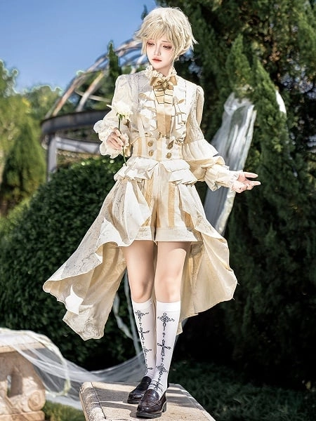 Champagne Ouji Lolita Prince Outfit Ruffle Neckline Long Sleeves Shirt + Striped Pattern Overall Shorts