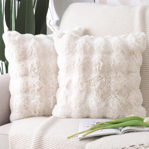 Madizz 2er Set Sanft Plüsch Kurze Wolle Samt Dekorativ Zierkissenbezüge Luxus Stil Kissenbezug für Sofa für Schlafzimmer Creme Weiß 45x45 cm - Creme Weiß - 45 x 45 cm