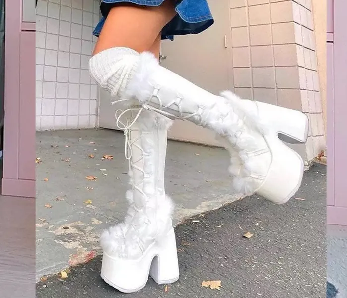 Black Furry Platform Chunky High Heeled Winter Autumn Knee High Boots Women Faux Fur Zip Gothic Style Punk Shoes Ladies