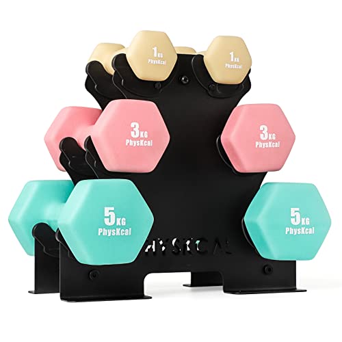 PhysKcal Dumbbells Set of 6 with Storage Stand, Hand Weights Set for Body Toning, Cardio, Strength Training at Home - Bloom - 18kg set | 2 X (1+3+5)