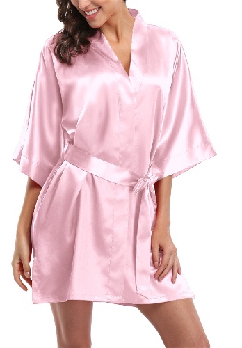 Giova Pure Color Satin Short Silky Bathrobe Sleepwear Nightgown Pajama - Small - Light Pink