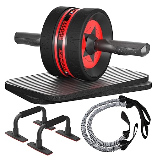 EnterSports Ab Rollers Wheel Kit, Exercise Wheel Core Strength Training Abdominal Roller Set with Push Up Bars, Resistance Bands, Knee Mat Home Gym Fitness Equipment for Abs Workout - Red